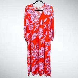 Size S (Oversized) Easel Los Angeles Floral Print Midi Dress in Hot Coral